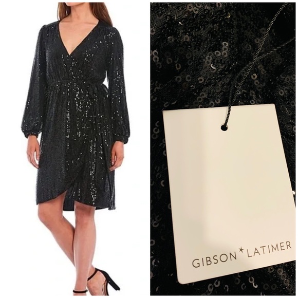 Gibson Latimer Dresses & Skirts - NWT Gibson Latimer Black Sequin Wrap Dress Size S